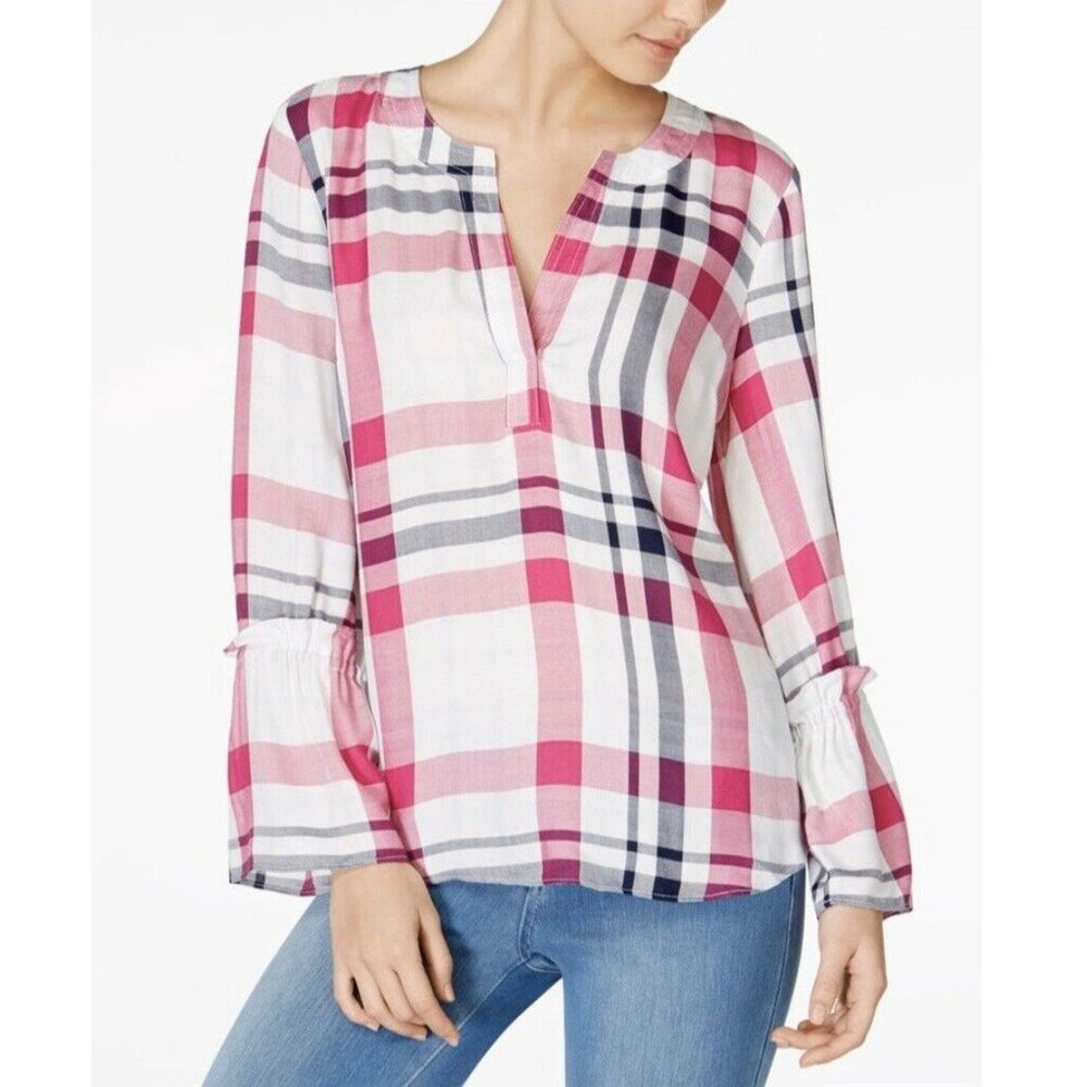 Maison‎ Jules Plaid Split Neck Popover Blou…